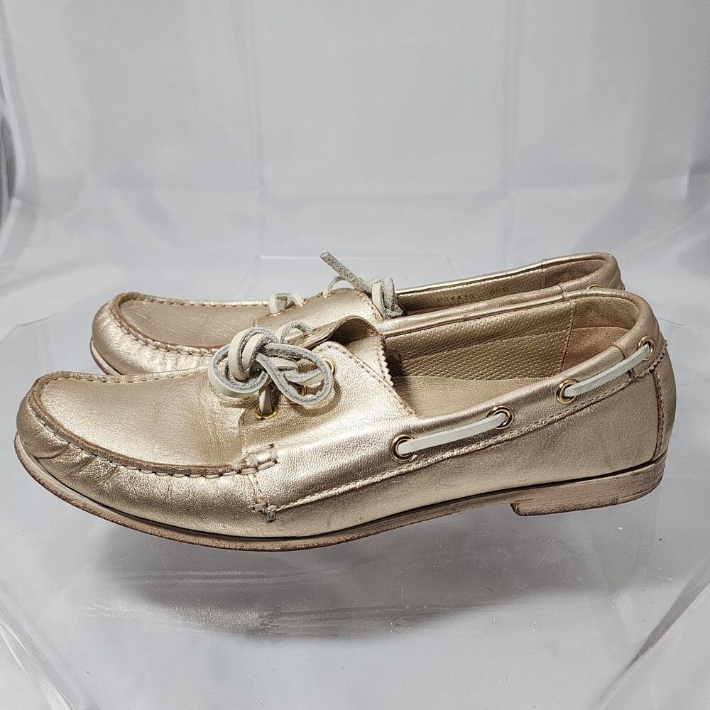 Cole Haan Nantucket Women 9.5 Metallic Gold Leather Moc Boat Shoes Pinch